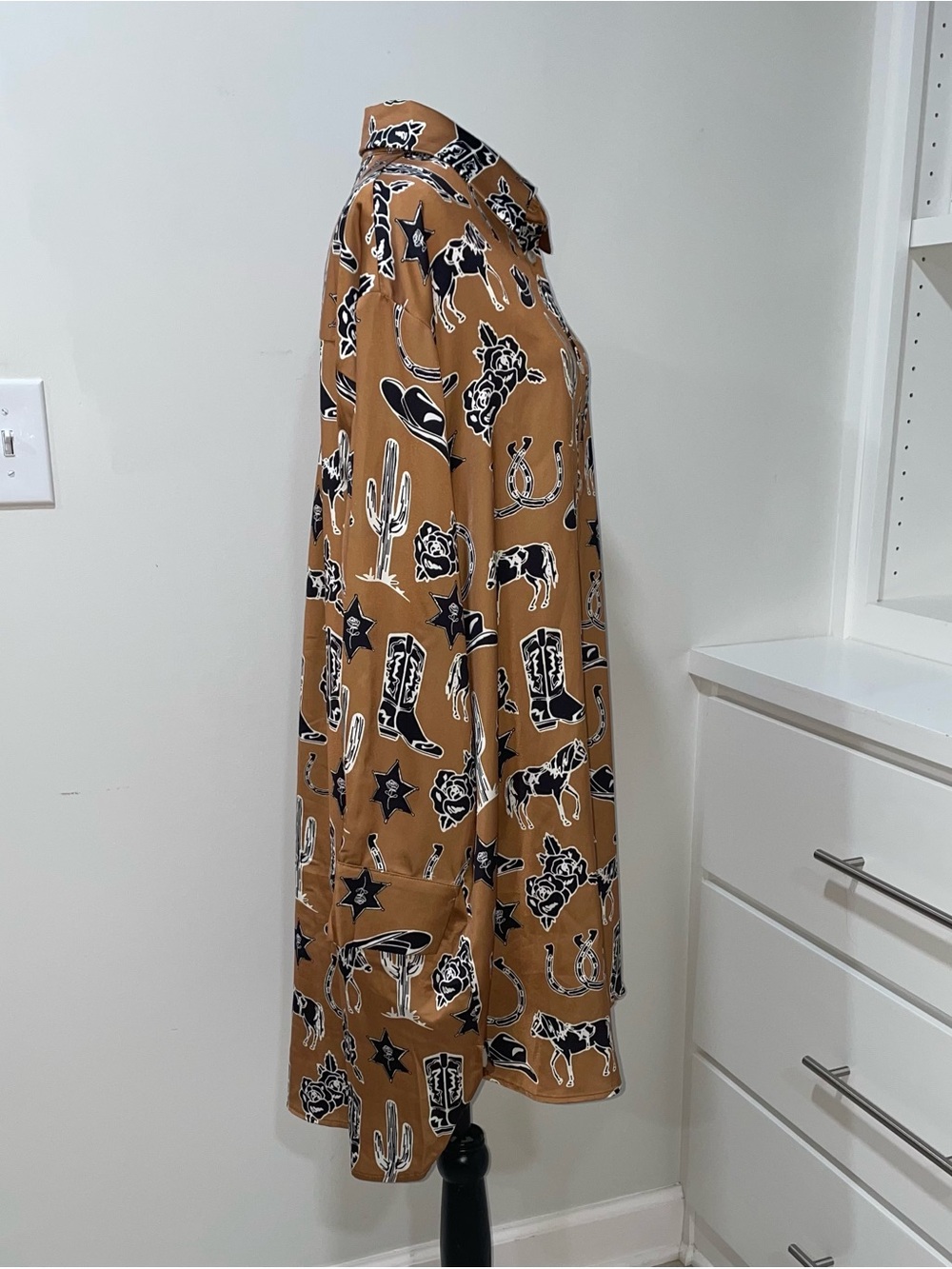 Western Shirt Dress Camel Toffee Brown Country Horse Rodeo Horseshoe Cowgirl - Picture 10 of 14